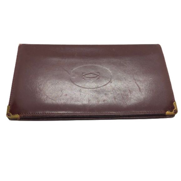 Must De Cartier Bordeaux Burgundy Red & Gold Leather Wallet Checkbook Holder - Picture 1 of 9
